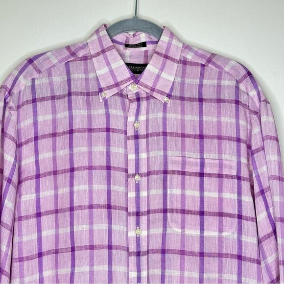 Hathaway Platinum men's lilac checked linen shirt - Picture 2 of 6